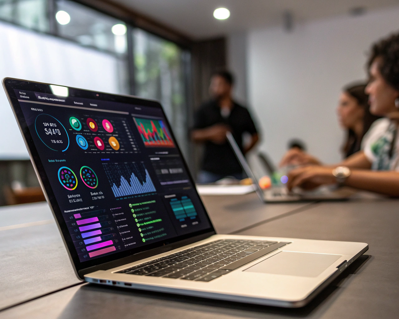 Portátil moderno mostrando una interfaz digital con gráficos coloridos e íconos brillantes; al fondo, personas latinoamericanas colaboran alrededor de una mesa de conferencias desenfocada en una oficina luminosa.