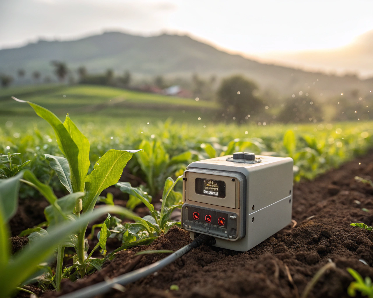 Sensor agrícola moderno en primer plano en un campo rural panameño, con gotas de agua y tierra adheridas. Una mano latina ajusta el dispositivo mientras, al fondo, se ven cultivos verdes y colinas desenfocadas bajo la luz suave de la mañana.