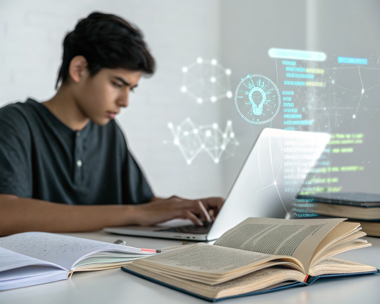 Joven latinoamericano genérico sentado frente a su laptop, rodeado de libros abiertos y notas digitales, programando cuidadosamente. Alrededor, pantallas holográficas muestran diagramas de redes neuronales y código resplandeciente en un ambiente moderno y ordenado de estudio, evocando concentración e interés en la inteligencia artificial.