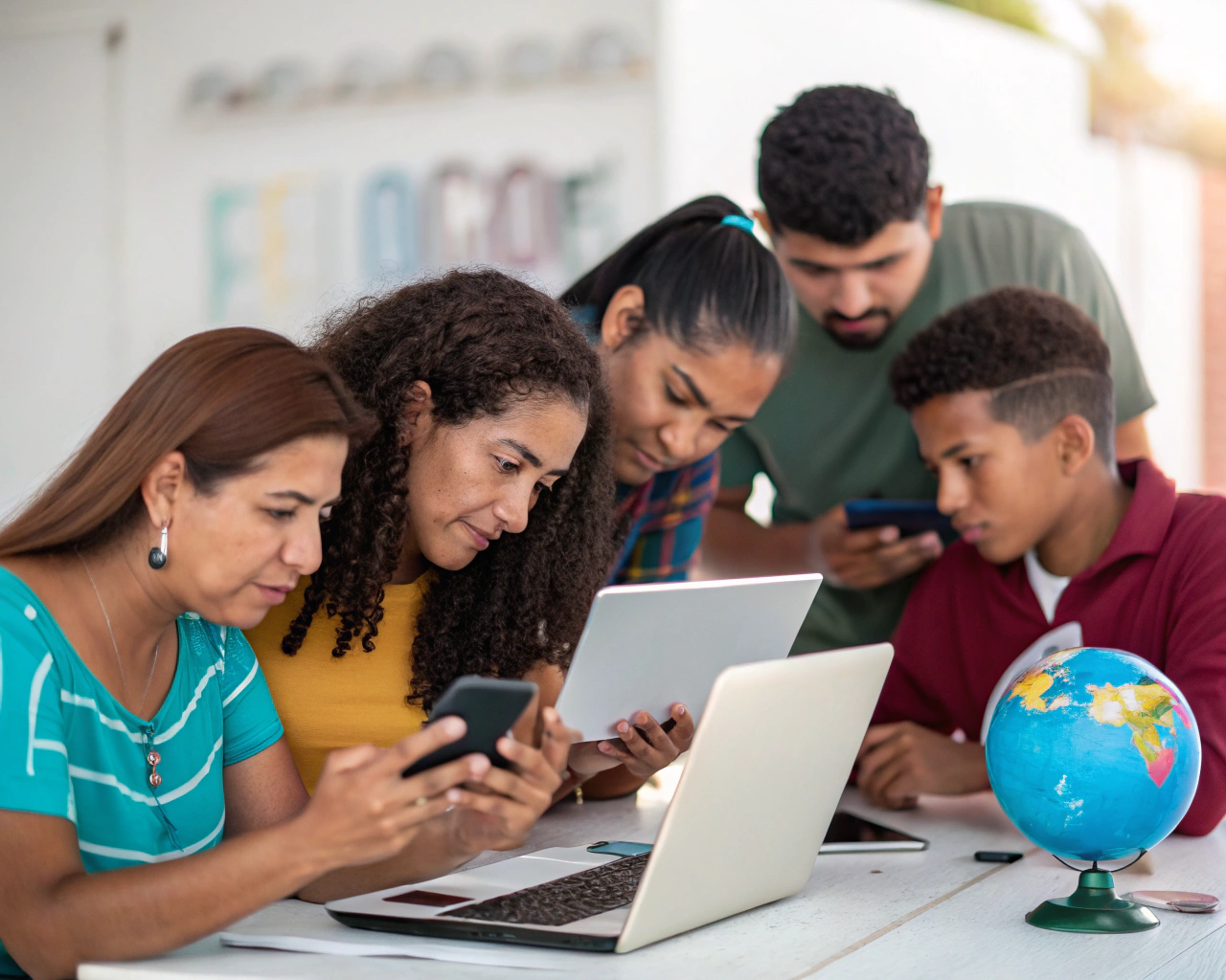 Grupo diverso de personas latinoamericanas colaborando alrededor de laptops, tabletas y teléfonos en un espacio de trabajo luminoso, con fondo borroso. Manos interactúan con los dispositivos y una pequeña planta simboliza sostenibilidad en la mesa.