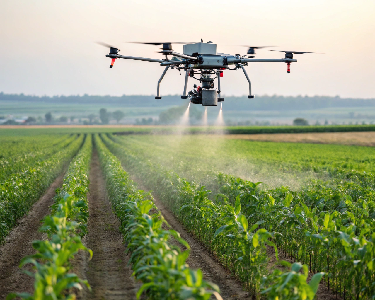 Dron agrícola moderno volando en primer plano sobre un campo verde, aplicando una fina neblina de spray sobre cultivos. Al fondo, se observan filas de plantas y un paisaje rural bajo luz natural, simbolizando la innovación tecnológica en la agricultura.