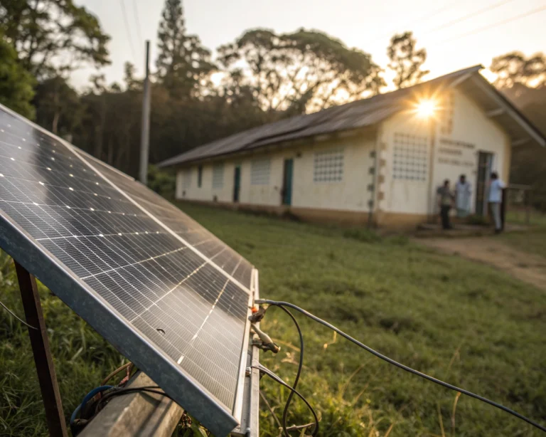 Primer plano extremo de un panel solar con superficies y cables visibles, situado junto a una modesta escuela rural desenfocada, todo iluminado por la luz dorada del atardecer y rodeado de vegetación.