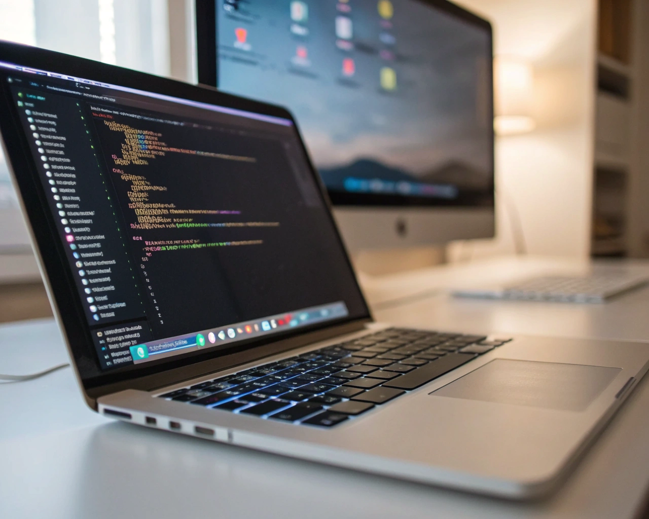 Portátil moderno abierto sobre un escritorio minimalista, con su teclado iluminado en primer plano y la pantalla mostrando líneas de código colorido; al fondo, un monitor grande y iconos digitales desenfocados, en un ambiente limpio y ordenado sin personas.
