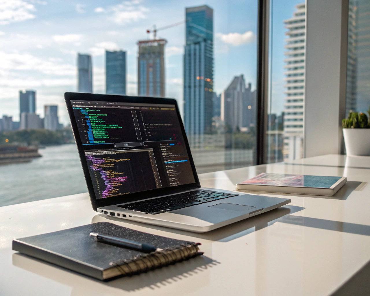 Portátil moderno sobre un escritorio ordenado, mostrando visualizaciones de datos y código en la pantalla, acompañado por un libro de Python y una libreta; de fondo, a través de una ventana, se aprecia difusamente el skyline nocturno de una ciudad panameña iluminada. La imagen es nítida en el primer plano y desenfocada en el fondo, sin presencia de personas.