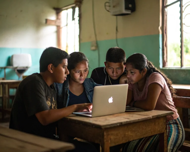 Grupo pequeño de jóvenes latinoamericanos no indígenas, sentados en círculo frente a una laptop encendida en un aula rural sencilla, con escritorios de madera y luz suave entrando por la ventana. Al fondo, se ve de manera tenue un router, resaltando el acceso limitado a internet. En la mesa hay un cuaderno abierto con código, simbolizando la inclusión digital. El fondo está desenfocado para centrar la atención en la colaboración del grupo.