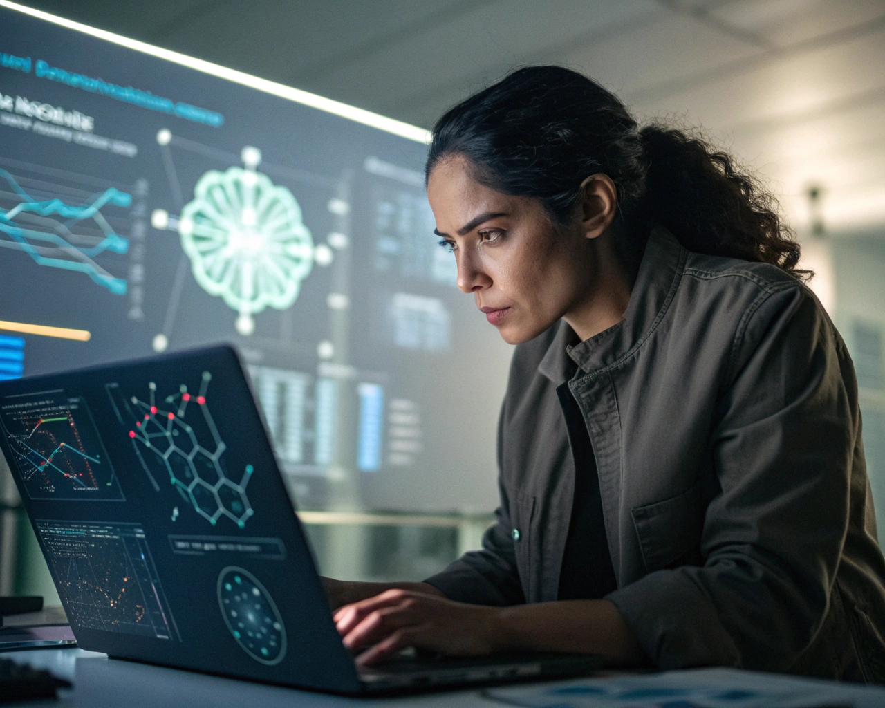 Investigadora latina no indígena en un espacio moderno de tecnología, programando en una laptop rodeada de esquemas y diagramas de inteligencia artificial. El fondo muestra un laboratorio innovador desenfocado con pantallas brillantes y, en una de ellas, un ícono de red neuronal. La imagen destaca su expresión concentrada y el detalle de sus manos escribiendo.