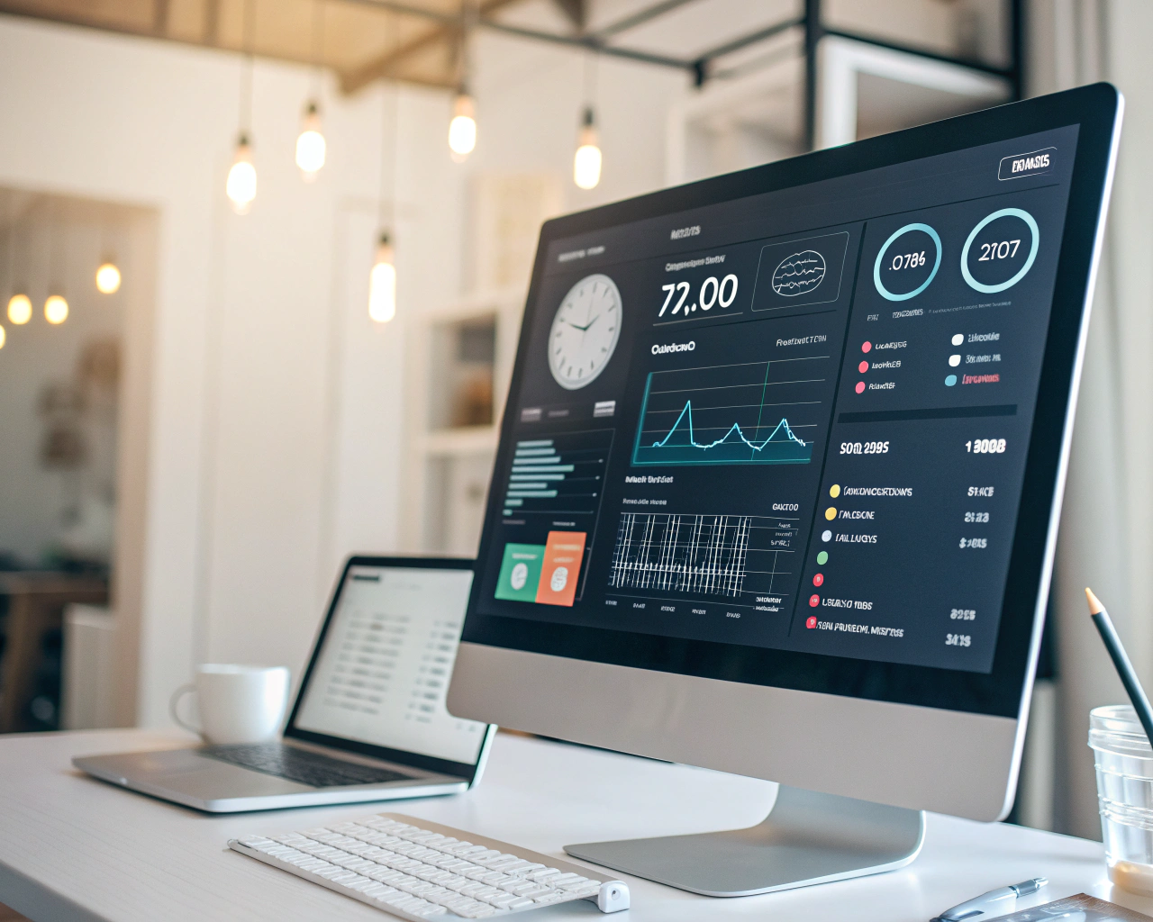 Primer plano de un monitor de computadora moderno mostrando un panel digital con flujos de trabajo organizados, notificaciones automáticas y gráficos de datos, en una oficina pequeña y ordenada, con una suave iluminación y un fondo desenfocado. Un reloj aparece en la esquina de la pantalla.