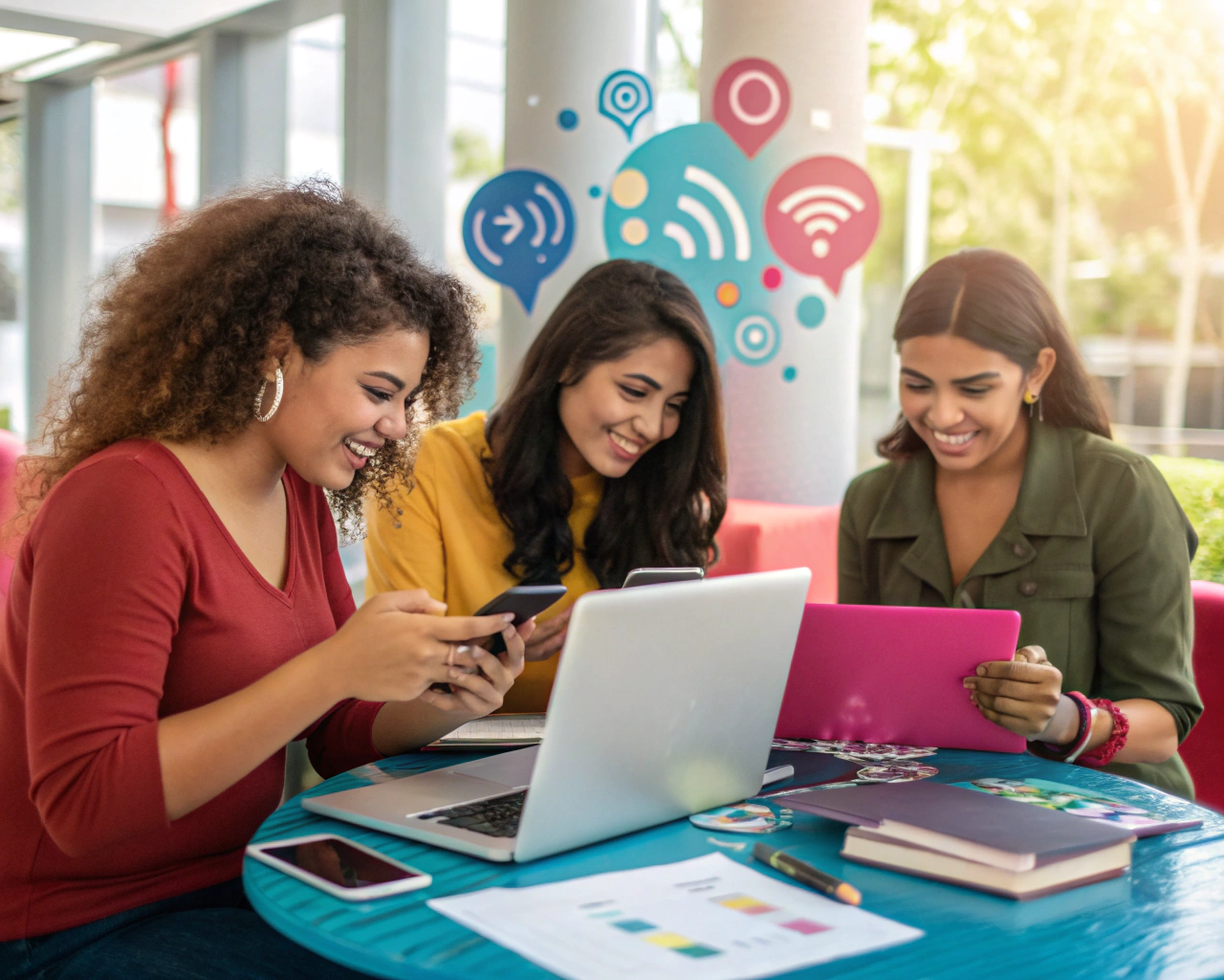 Mujeres emprendedoras latinoamericanas no indígenas, colaborando entusiastamente en un espacio virtual de coworking moderno y luminoso, rodeadas de portátiles y teléfonos; comparten y consultan información en pantalla, con símbolos digitales como chat y Wi-Fi presentes y detalles de superficies de vidrio y cuadernos.
