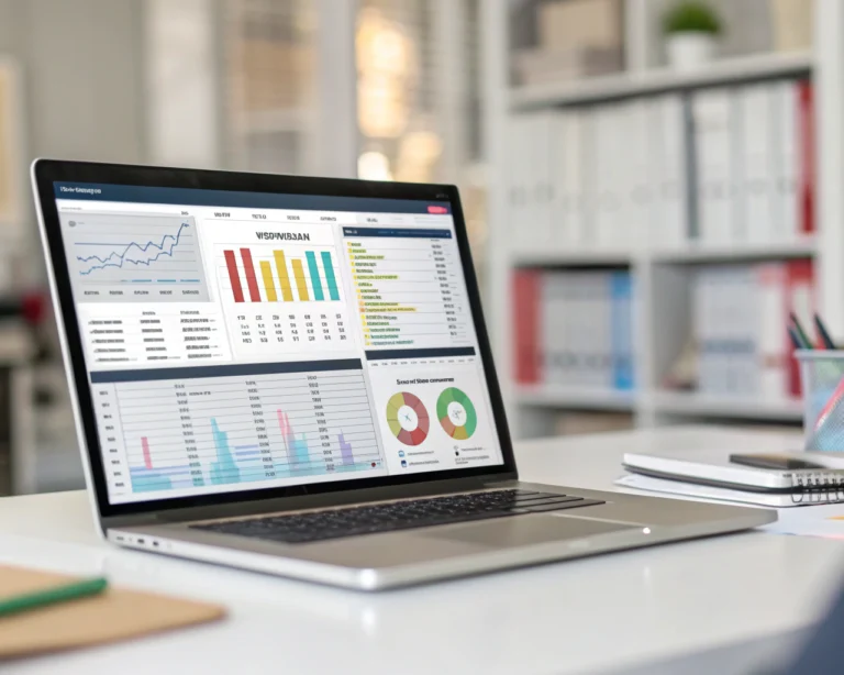 Pantalla de computadora moderna en primer plano mostrando un software de automatización empresarial con gráficos coloridos y reportes digitales; está sobre un escritorio limpio en una pequeña oficina con estantes desenfocados y archivos organizados al fondo.