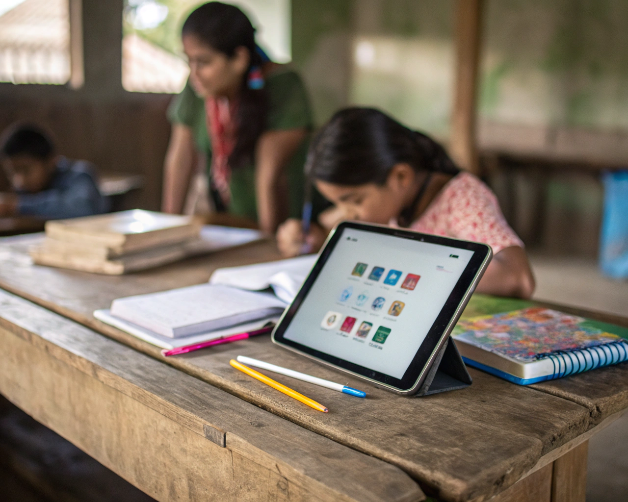Primer plano de una tableta digital sobre una mesa de madera rústica, rodeada de cuadernos y lápices, en un aula rural con luz suave. En la pantalla de la tableta se muestran aplicaciones educativas. El fondo, desenfocado, revela a una estudiante y un facilitador latinoamericanos no indígenas, aprendiendo y enseñando con expresiones de interés. La imagen transmite un contraste entre la modernidad tecnológica y el ambiente tradicional.
