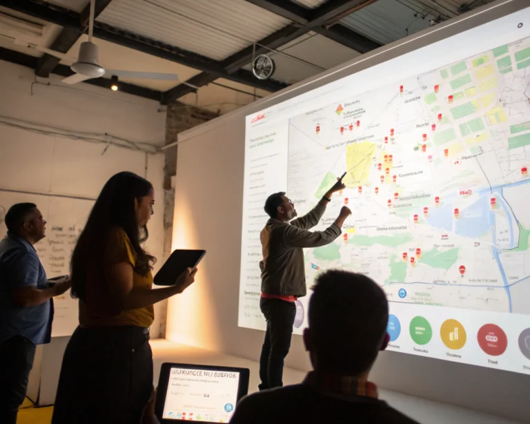 Grupo de personas latinoamericanas, voluntarios y personal de ONG, usando tabletas e interactuando con una herramienta digital de mapeo proyectada en una pantalla grande, destacando pines e información en un ambiente moderno y luminoso de oficina. El fondo está borroso, resaltando la pantalla y la colaboración en la escena.