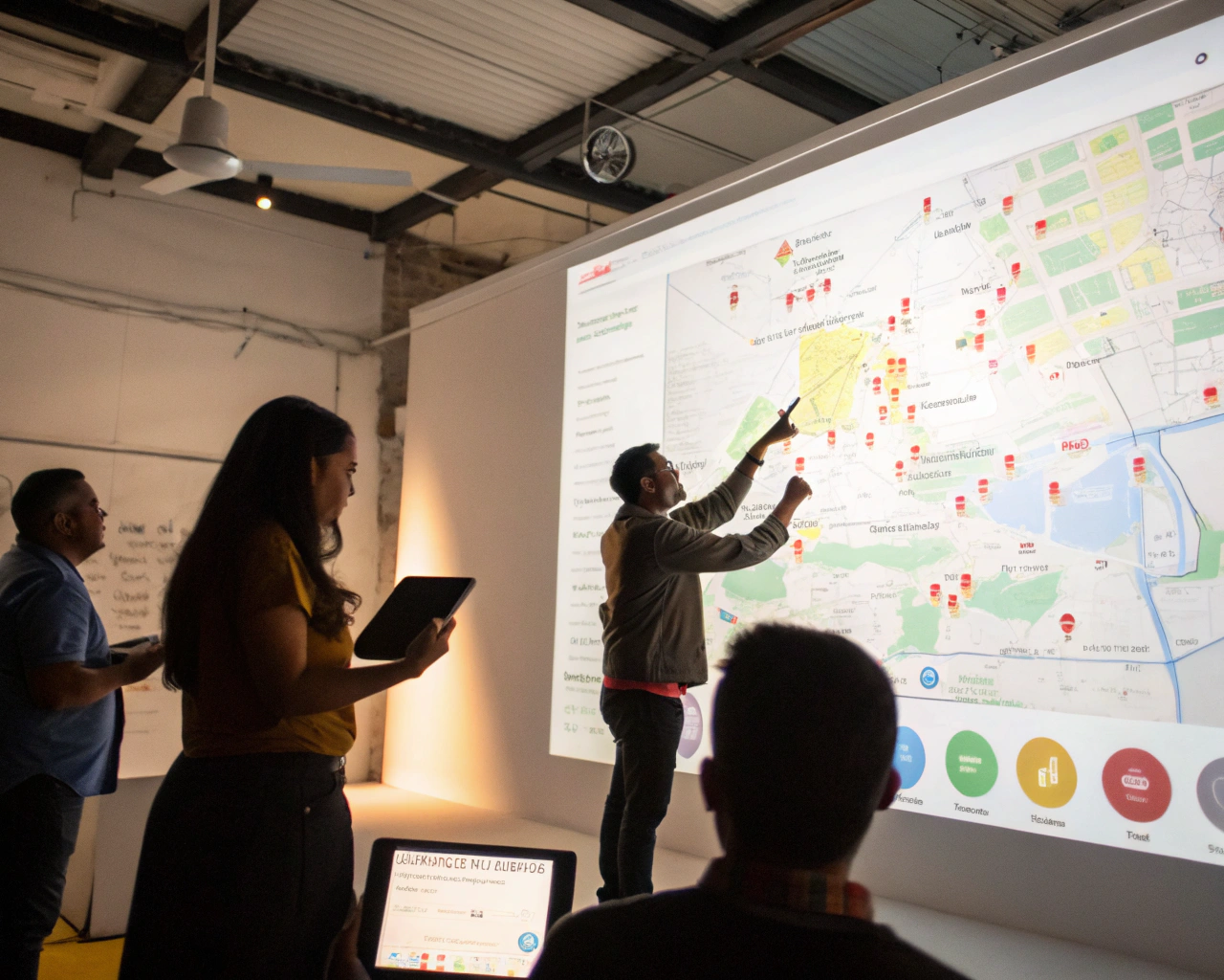 Grupo de personas latinoamericanas, voluntarios y personal de ONG, usando tabletas e interactuando con una herramienta digital de mapeo proyectada en una pantalla grande, destacando pines e información en un ambiente moderno y luminoso de oficina. El fondo está borroso, resaltando la pantalla y la colaboración en la escena.