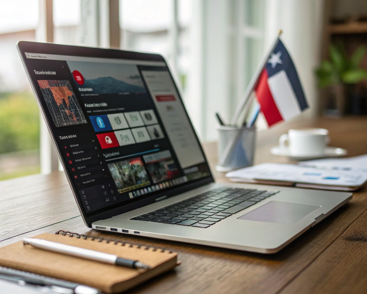 Portátil moderno en primer plano sobre un escritorio de madera con pantalla mostrando aplicaciones de ecommerce, análisis y redes sociales. Accesorios tecnológicos y cuadernos rodean el portátil. La luz natural entra por una ventana, y una pequeña bandera de Panamá adorna el costado del portátil. El fondo está desenfocado, transmitiendo productividad e innovación en un entorno de emprendimiento.
