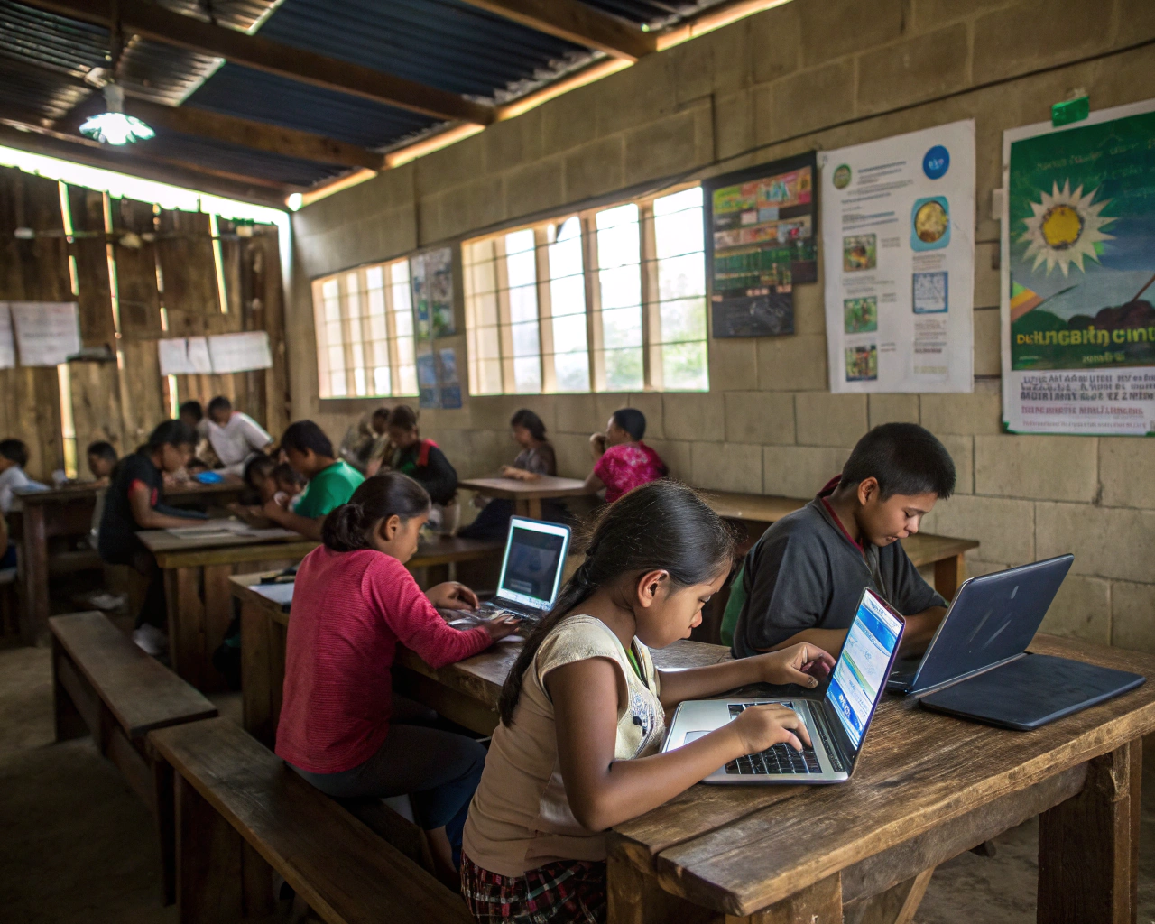 Personas latinoamericanas de diferentes edades usan laptops y tabletas en mesas de madera dentro de un centro comunitario digital rural, con luz natural, paneles solares visibles y carteles educativos en las paredes; las manos usando dispositivos están en primer plano y el fondo muestra colaboración desenfocada.
