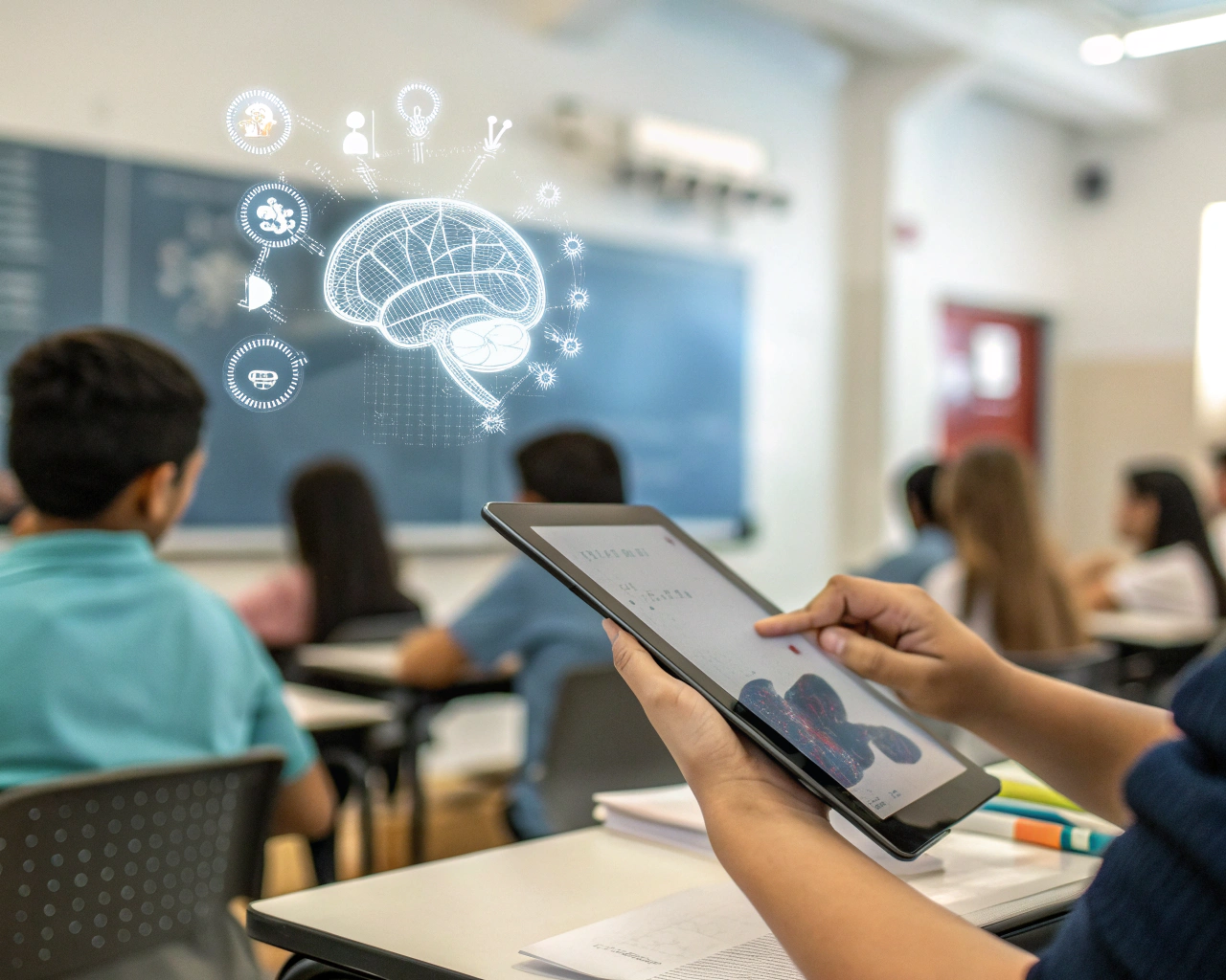 Aula moderna en una escuela panameña, con docentes y estudiantes latinoamericanos utilizando pantallas interactivas y tabletas con IA. En primer plano, unas manos manipulan una tableta sobre la que flota un holograma de cerebro digital. El fondo desenfocado sugiere colaboración y tecnología, con iluminación cálida y superficies lisas.