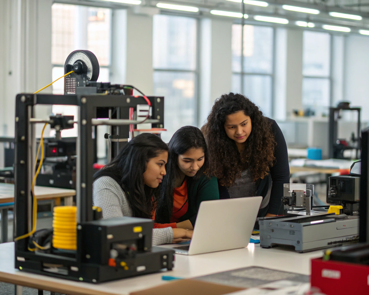 Grupo de mujeres latinoamericanas no indígenas, genéricas, trabajando en equipo para ensamblar un prototipo tecnológico en un makerspace moderno, con impresoras 3D y estaciones electrónicas, iluminado por luz natural y mesas organizadas.
