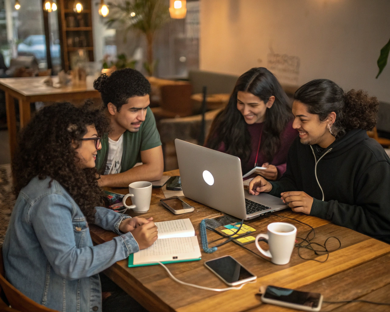 Un grupo de jóvenes latinoamericanos trabaja en colaboración en una cafetería moderna, rodeados de laptops, cuadernos y tazas de café, enfocados y conversando animadamente mientras la luz suave crea un ambiente cálido y acogedor.