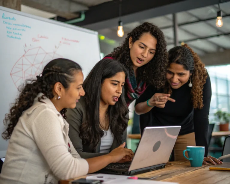 Grupo de mujeres latinoamericanas colaborando alrededor de una laptop en un espacio de coworking moderno; se ven gestos, notas y una pizarra blanca con un diagrama de red al fondo, transmitiendo trabajo en equipo y empoderamiento en tecnología.
