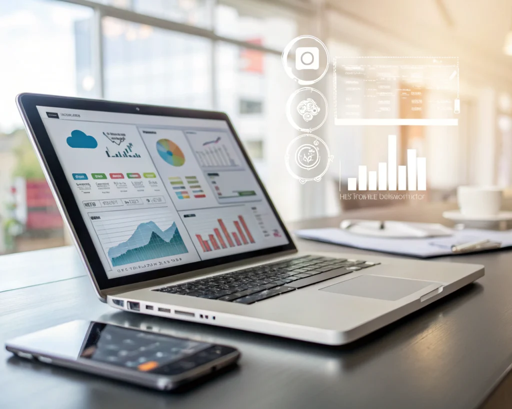 Oficina digital moderna con un portátil abierto mostrando gráficos y tareas en pantalla, acompañado de tablet y smartphone sobre un escritorio limpio. Íconos de herramientas en la nube flotan en el fondo desenfocado. El ambiente es ordenado y luminoso, transmitiendo eficiencia y tecnología.