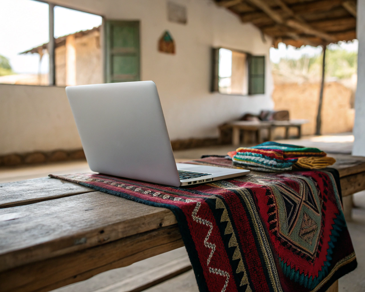 Ordenador portátil moderno sobre una mesa de madera rústica junto a textiles tradicionales tejidos a mano, iluminados por luz natural que entra por una ventana, con fondo desenfocado en un centro comunitario rural.
