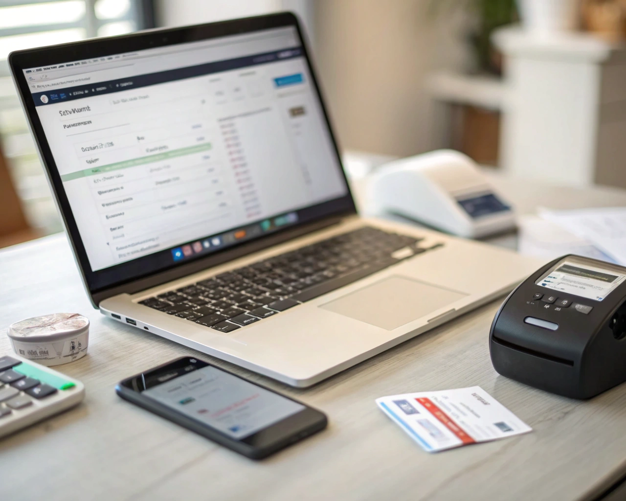 Primer plano de un escritorio de oficina con laptop mostrando software de gestión empresarial, rodeada de smartphone, escáner de códigos y una impresora de recibos; manos de personas no indígenas latinoamericanas interactúan con los dispositivos en un ambiente ordenado y moderno con luz suave.