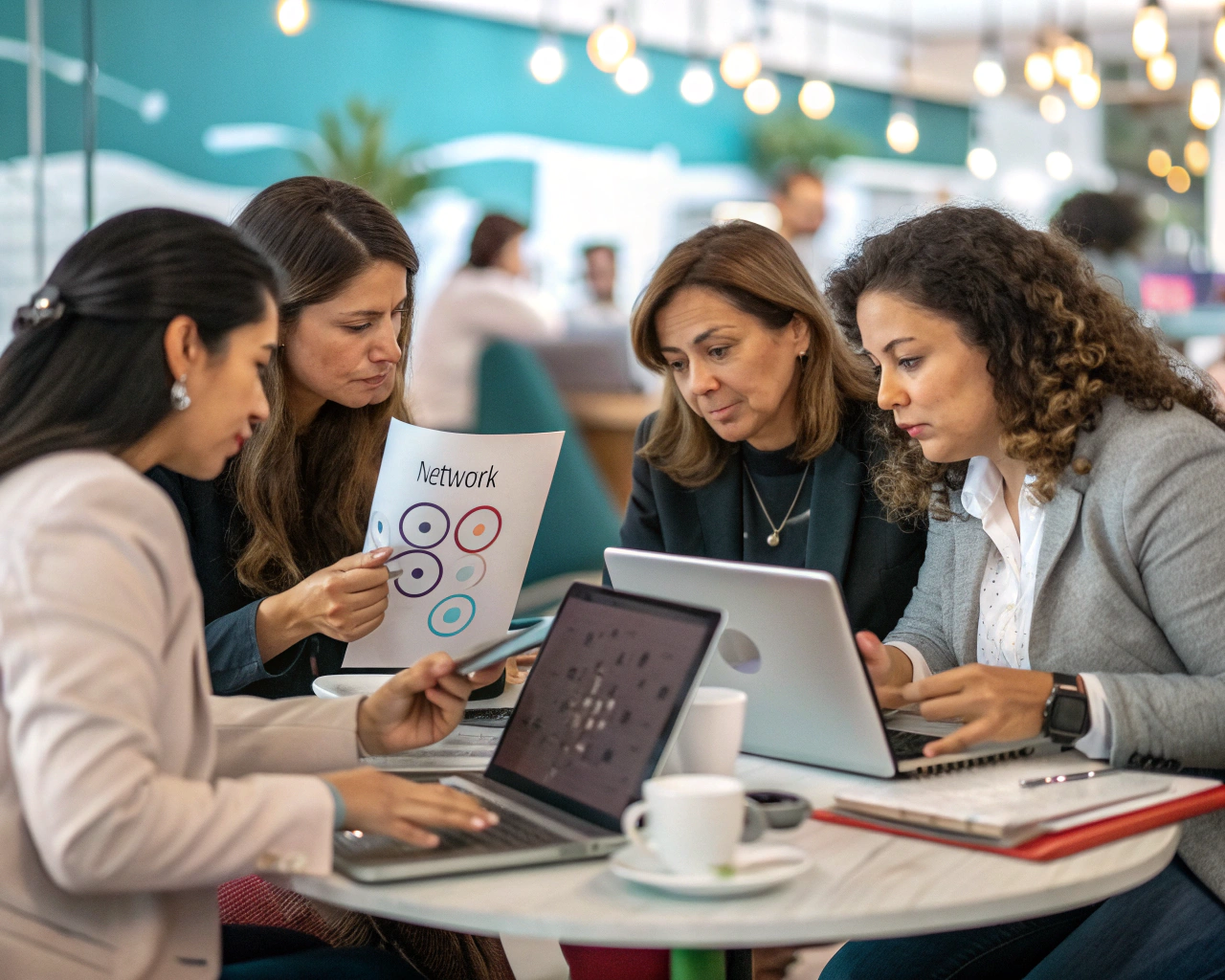 Grupo diverso de mujeres latinoamericanas en atuendo business-casual colaborando alrededor de una mesa con laptops, tabletas, libretas, tazas de café y dispositivos tecnológicos, en un espacio moderno de coworking con fondo desenfocado y libreta mostrando símbolo de red.
