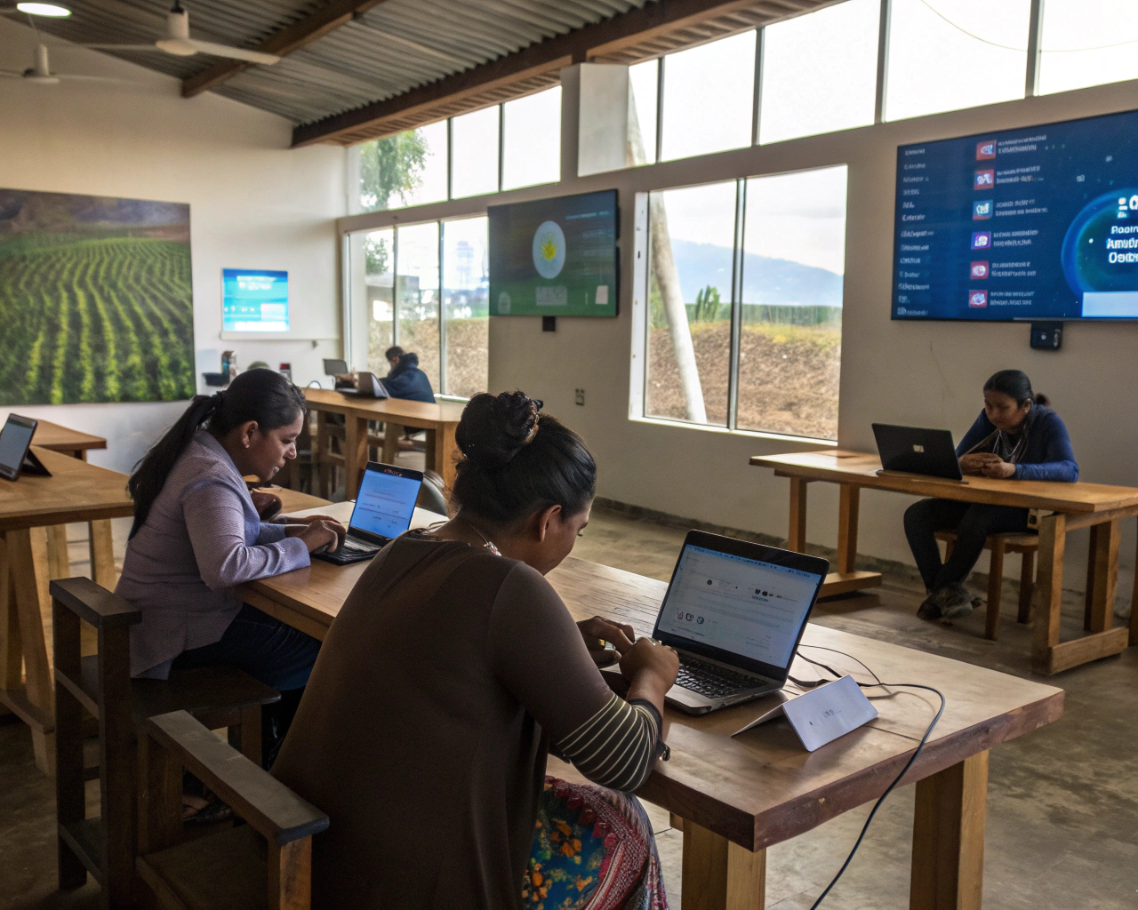 Personas de una comunidad rural latinoamericana utilizan laptops y tabletas en un moderno centro tecnológico, sentadas alrededor de mesas de madera bajo luz natural, con pantallas en las paredes mostrando datos agrícolas y un ícono de Wi-Fi visible como símbolo de conectividad.