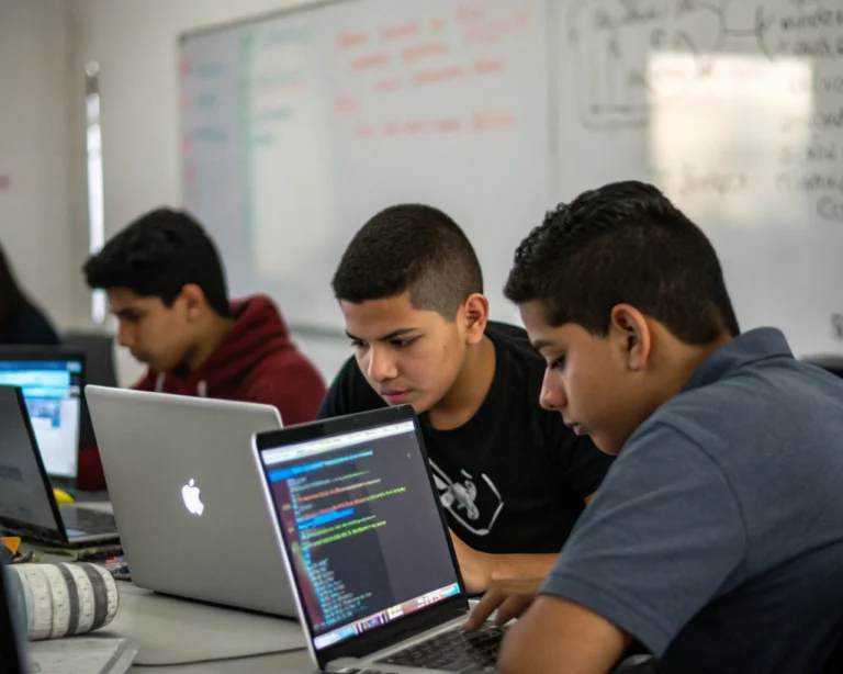 Grupo de adolescentes latinoamericanos, no indígenas, trabajando concentradamente en portátiles en un aula moderna, con pantallas resplandecientes mostrando código; pizarras desenfocadas al fondo con diagramas, y un ícono de red luminoso en una de las computadoras.