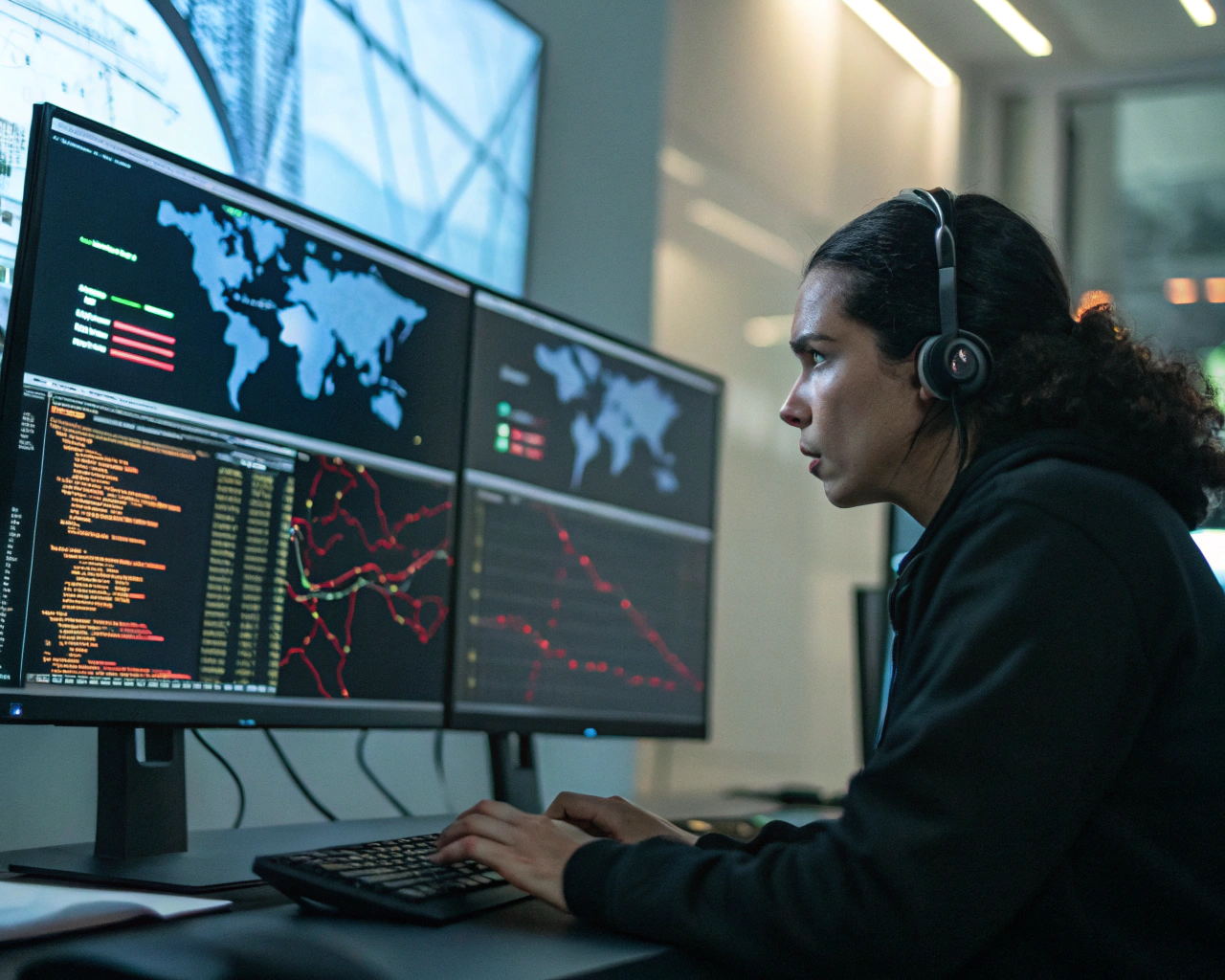 Persona latinoamericana genérica con auriculares tecleando intensamente frente a un escritorio de ciberseguridad con múltiples monitores mostrando código, mapas de red y alertas, en una moderna oficina desenfocada.