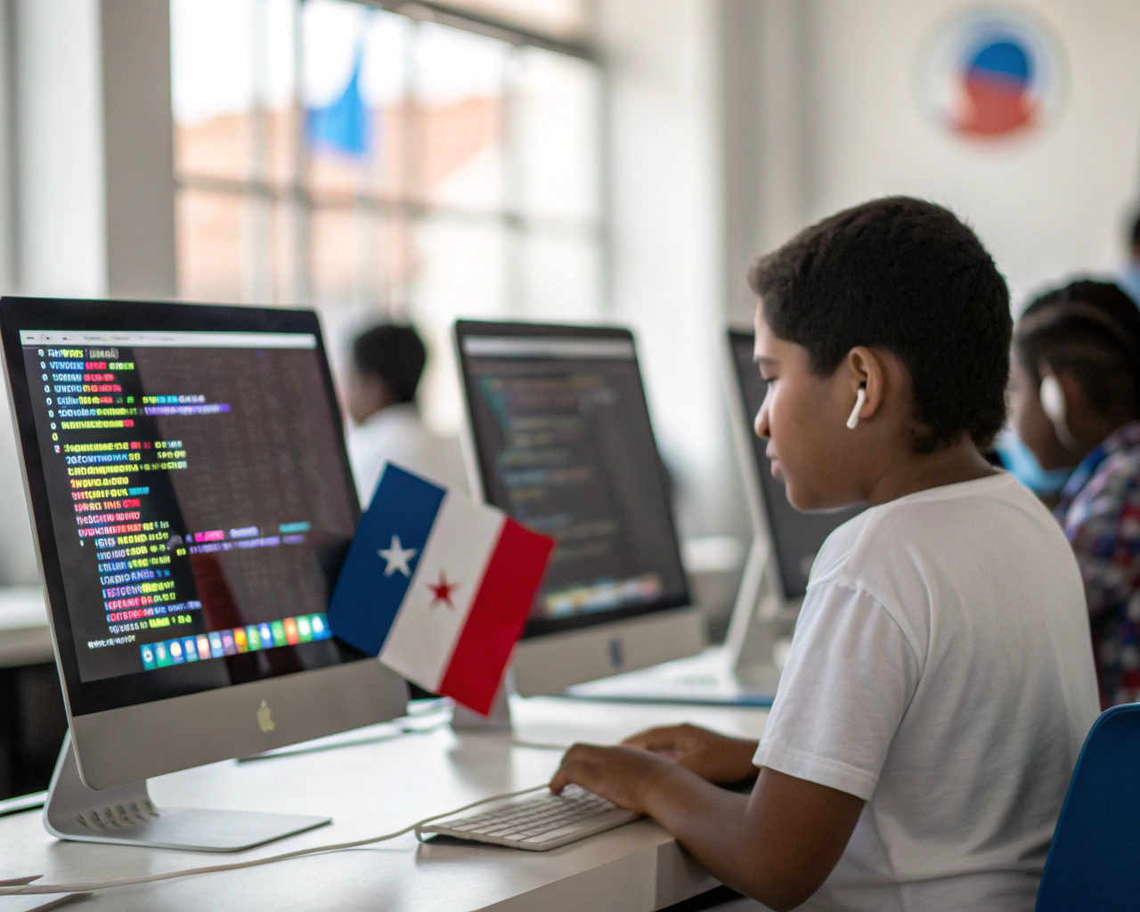 Joven estudiante latinoamericano trabajando concentrado en una computadora portátil rodeado de pantallas con código y símbolos de inteligencia artificial en un aula moderna de Panamá, con una pequeña bandera panameña en el escritorio y luz natural iluminando la escena.