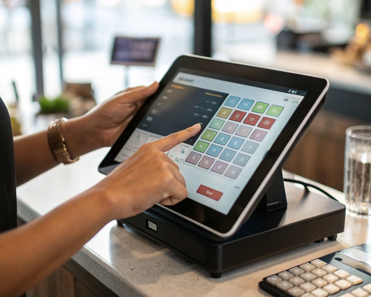 Manos de una persona latinoamericana no indígena usando una tableta digital con interfaz de punto de venta en primer plano, frente a un mostrador de comercio desenfocado y bajo luz natural.