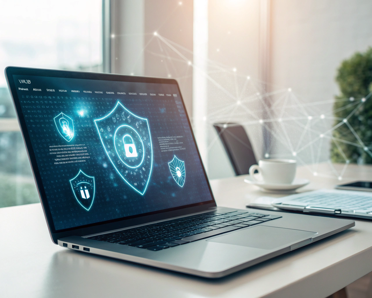 Portátil moderno sobre un escritorio elegante, mostrando código de ciberseguridad y escudos digitales brillantes en la pantalla, con fondo de mapa de red desenfocado en un entorno minimalista, sin personas visibles.