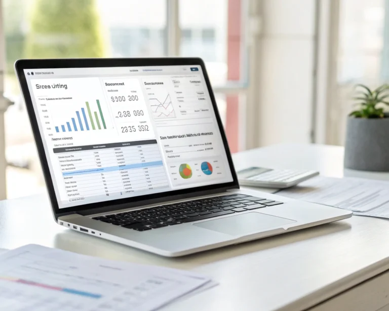 Ordenador portátil moderno mostrando un panel de software de gestión empresarial con gráficos, inventarios y facturas en un escritorio limpio de oficina iluminada, acompañado de recibos en papel y un gráfico ascendente en el fondo, sin personas presentes.