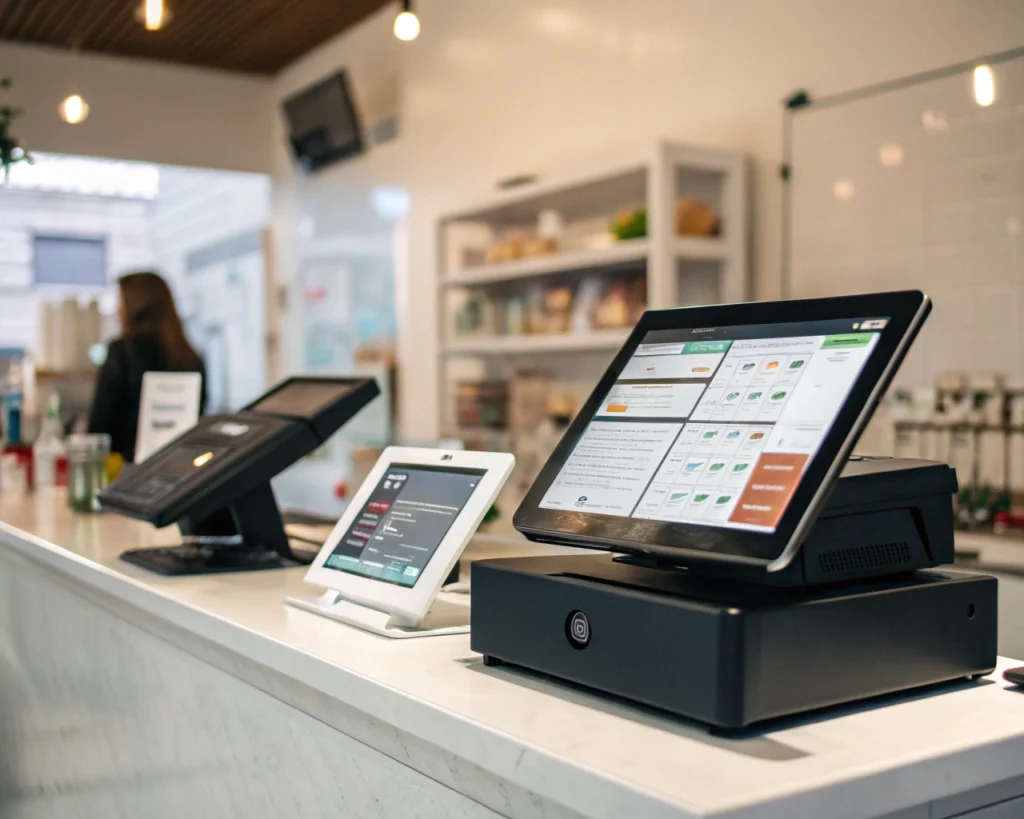 Cierre cinematográfico de una caja registradora digital y una laptop con paneles de datos sobre un mostrador reluciente en una tienda urbana; ambos dispositivos muestran pantallas táctiles modernas y accesibles, mientras el fondo desenfocado insinúa estantes y productos, transmitiendo eficiencia y transformación digital.