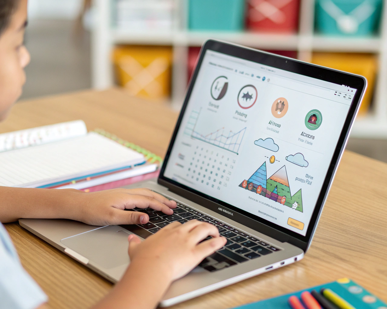 Primer plano extremo de las manos pequeñas de un estudiante genérico latinoamericano, tecleando en una laptop sobre un escritorio de madera. En la pantalla, una plataforma educativa de IA presenta gráficos interactivos e iconos amigables para niños. El fondo desenfocado insinúa una aula colorida con libros y figuras geométricas.