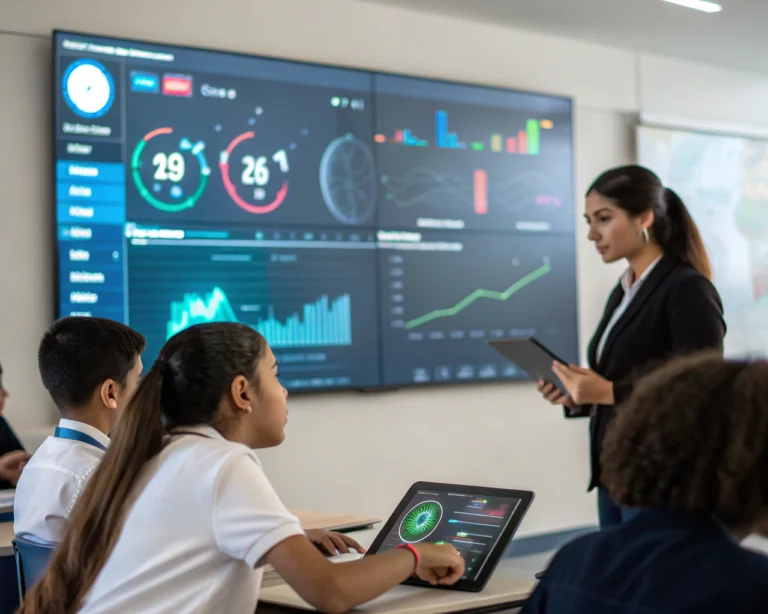 Aula moderna con estudiantes latinoamericanos genéricos usando tabletas digitales frente a una pantalla interactiva grande que muestra una interfaz educativa avanzada llena de gráficos y colores brillantes, mientras una profesora profesional observa el tablero. El fondo está desenfocado para enfatizar la tecnología y la integración de herramientas digitales.