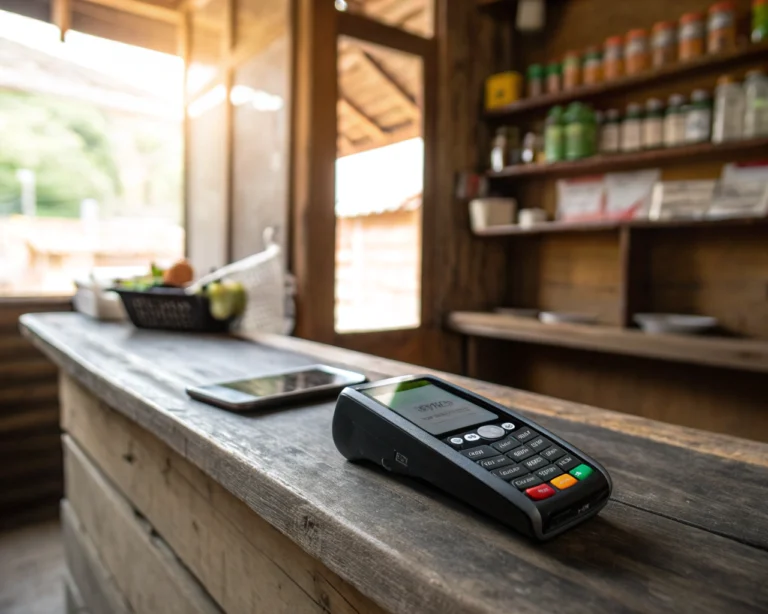 Primer plano de un terminal de pago digital sobre un mostrador de madera rústico en una tienda rural, iluminado por luz natural; el fondo borroso muestra productos locales y no hay personas identificables.