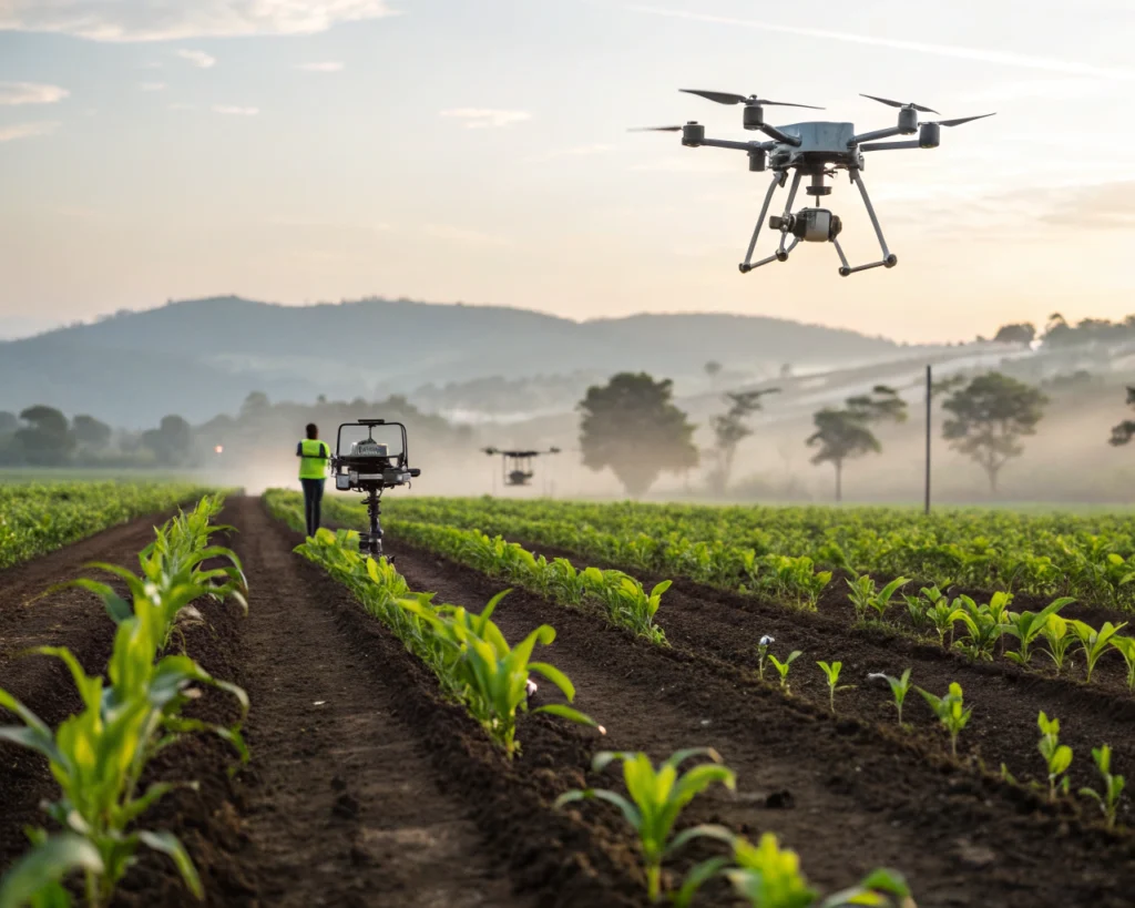 Campo agrícola panameño al amanecer, con sensores de humedad del suelo y drones modernos en primer plano, resaltando su diseño y ubicación entre los cultivos cubiertos de rocío. Cerca del sensor crece una pequeña plántula. Colinas ligeramente desenfocadas en el fondo y algunos agricultores latinoamericanos de espaldas monitoreando el equipo, en un entorno limpio y esperanzador.