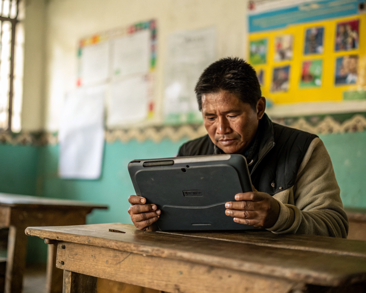 Primerísimo plano de las manos de una persona adulta latinoamericana usando una laptop o tableta resistente sobre una mesa de madera rústica, en un aula rural sencilla con carteles educativos desenfocados al fondo. La escena resalta las texturas del dispositivo, las manos y la madera, transmitiendo enfoque y oportunidad.