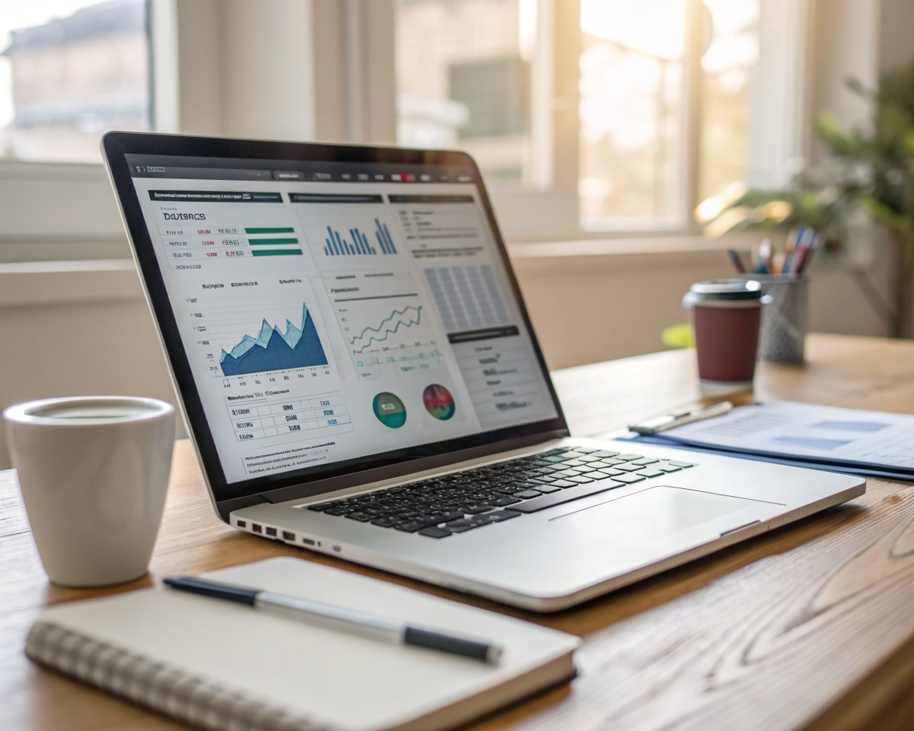 Laptop abierta en escritorio de madera, mostrando gráficos y software de negocios en pantalla, con luz natural de ventana iluminando la escena. En primer plano hay una taza de café y un bloc de notas. El fondo muestra vagamente un ambiente de oficina moderna sin personas identificables.