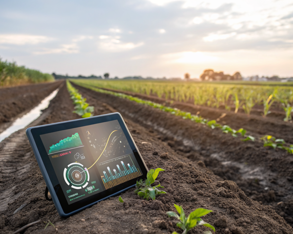 Sensor agrícola inteligente insertado en suelo fértil frente a filas de cultivos, con superposiciones digitales de datos, bajo luz natural, fondo desenfocado y ambiente rural tecnológico.