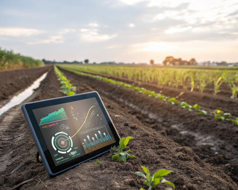 Sensor agrícola inteligente insertado en suelo fértil frente a filas de cultivos, con superposiciones digitales de datos, bajo luz natural, fondo desenfocado y ambiente rural tecnológico.