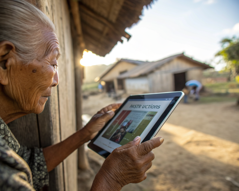 Primer plano de las manos arrugadas y curtidas de una persona mayor latinoamericana, usando una tableta digital en un centro comunitario rural. La luz natural resalta los detalles de la piel y la superficie brillante de la tableta. Junto a las manos, se ve una hoja impresa con instrucciones sencillas de uso digital. El fondo es sencillo, mostrando parte del entorno rural. La imagen transmite concentración y curiosidad.
