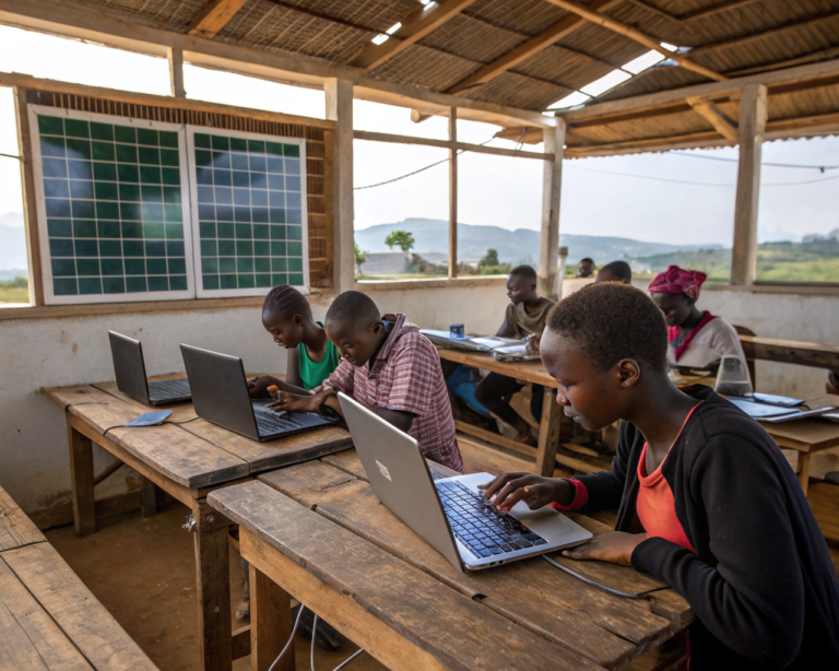 Personas adultas y jóvenes de una comunidad rural latinoamericana participan en actividades digitales en un centro tecnológico con laptops y paneles solares. Están sentados alrededor de mesas de madera en una sala iluminada por luz natural, con expresiones de concentración y colaboración. Detrás de ellos, se percibe un paisaje rural cálido visto a través de ventanas abiertas.