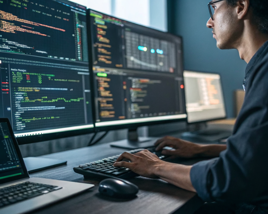 Primerísimo plano de las manos de un científico de datos latinoamericano manipulando un teclado y un ratón sobre un escritorio moderno, con pantallas que muestran gráficos y código en segundo plano desenfocado. El ambiente es tecnológico y destaca el uso de colores vivos y sombras marcadas.