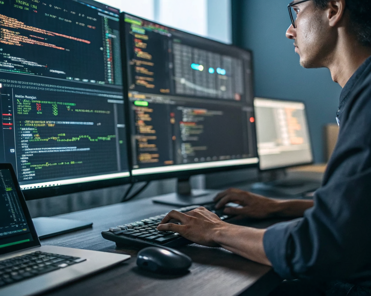 Primerísimo plano de las manos de un científico de datos latinoamericano manipulando un teclado y un ratón sobre un escritorio moderno, con pantallas que muestran gráficos y código en segundo plano desenfocado. El ambiente es tecnológico y destaca el uso de colores vivos y sombras marcadas.