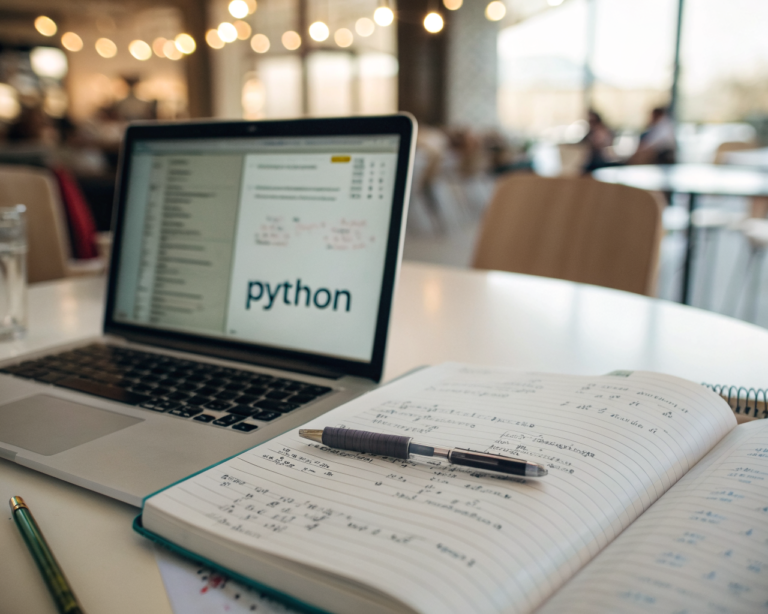 Laptop con código Python en pantalla y cuaderno abierto con notas y esquemas de IA sobre escritorio limpio, manos genéricas latinoamericanas escribiendo, en un ambiente de estudio iluminado suavemente.