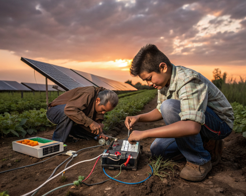 Primer plano de las manos de un agricultor y una persona joven instalando un sistema automático de riego con piezas recicladas y componentes electrónicos en un pequeño taller rural al aire libre, con campos cultivados y paneles solares al fondo durante el atardecer.