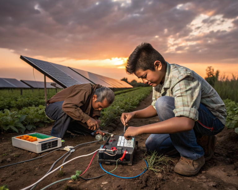Primer plano de las manos de un agricultor y una persona joven instalando un sistema automático de riego con piezas recicladas y componentes electrónicos en un pequeño taller rural al aire libre, con campos cultivados y paneles solares al fondo durante el atardecer.