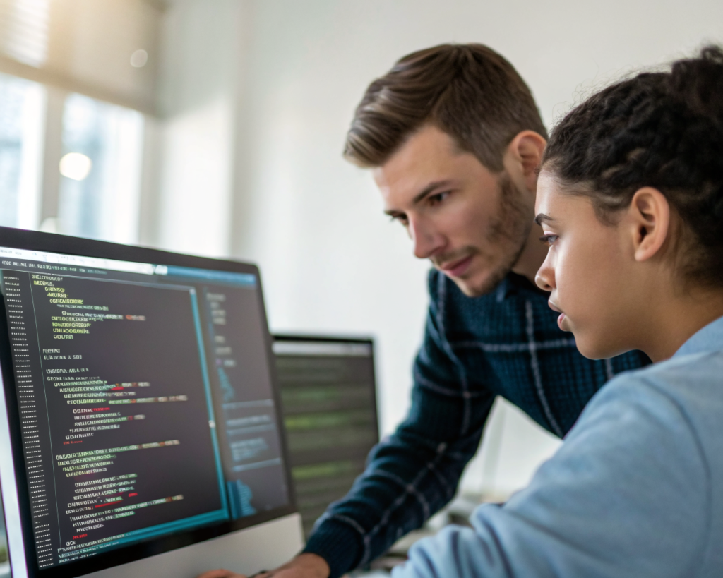 Mentor de ciencia de datos latinoamericano señalando la pantalla de una computadora con visualizaciones de datos y código Python, guiando a un joven adulto atento en un entorno moderno y minimalista.